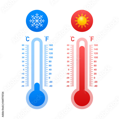 Modern thermometer, Summer background. Thermometer in cartoon style. Thermostat. Vector stock illustration.