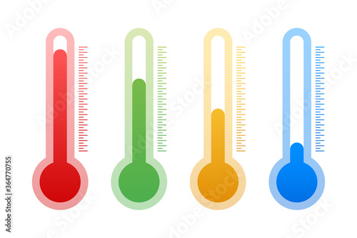 Modern thermometer, Summer background. Thermometer in cartoon style. Thermostat. Vector stock illustration.