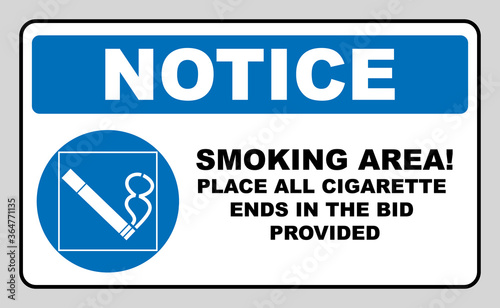 Smoking permited in this place icon. Smoking area. Round blue sign with white pictogram and black text. Vector illustration isolated on white. Mandatory symbol for public places and outdoors. Notice.
