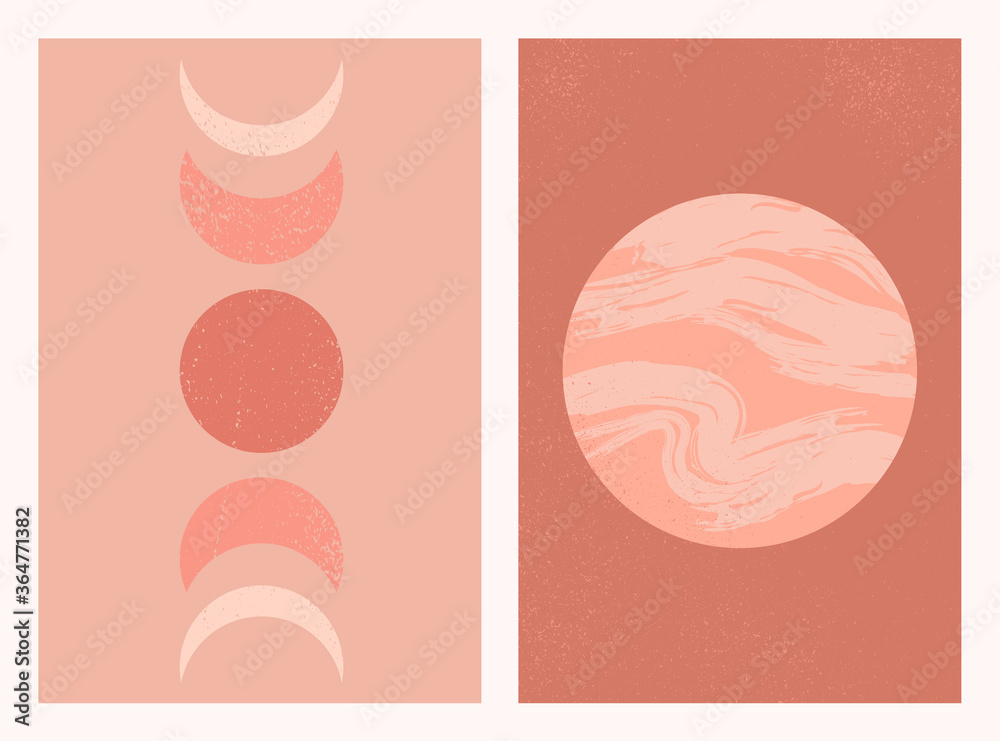 Abstract contemporary aesthetic background set with Moon phases and planet. Mid century modern minimalist art print. Boho neutral wall decor. Terracotta colors. Organic natural shapes. Magic concept. Abstract contemporary aesthetic background set with Moon phases and planet. Mid century modern minimalist art print. Boho neutral wall decor. Terracotta colors. Organic natural shapes. Magic concept.