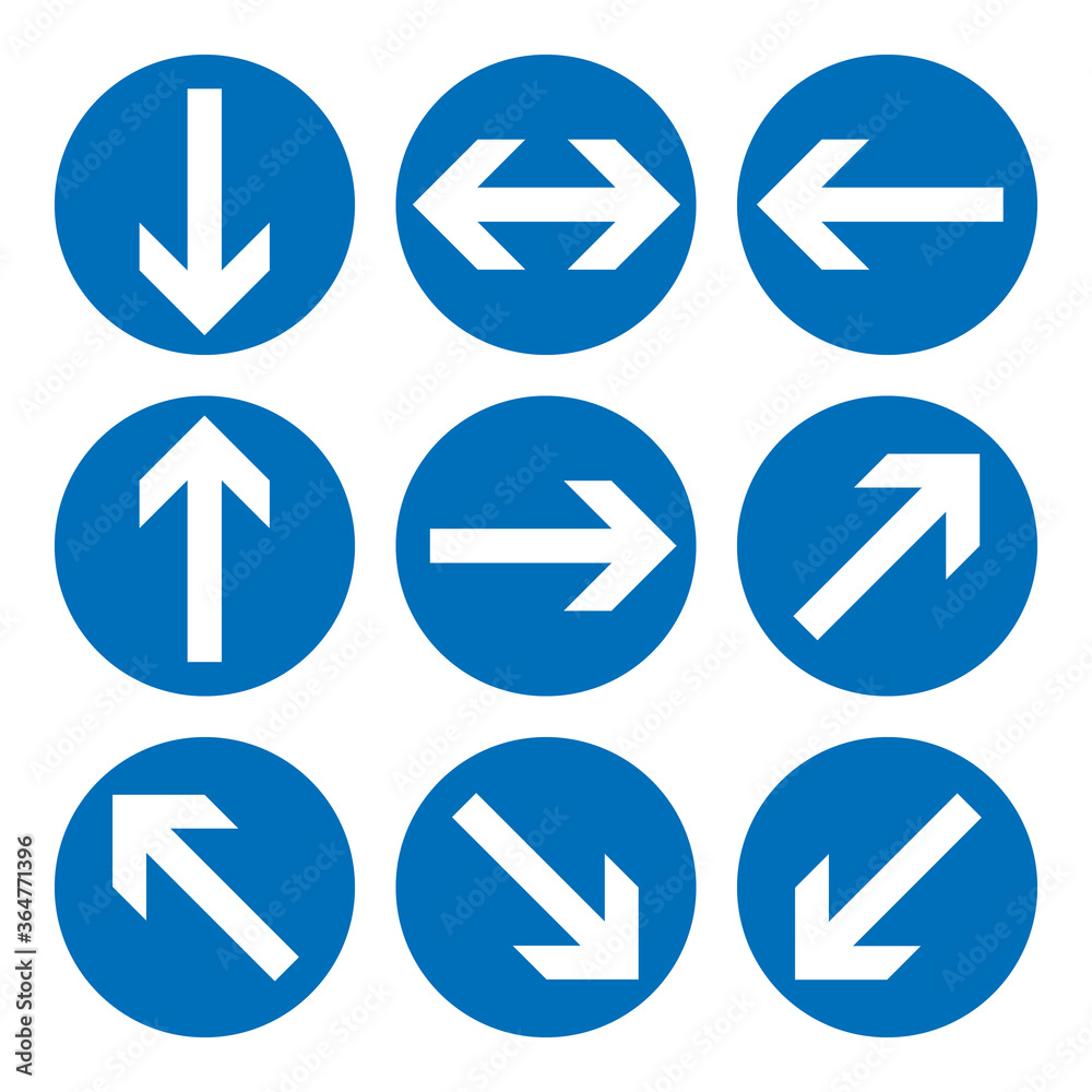 Set of direction signs. Blue circle mandatory informational symbols. Vector illustration isolated on white. White simple arrows. Notice icons. Collection arrows in different directions. Set of direction signs. Blue circle mandatory informational symbols. Vector illustration isolated on white. White simple arrows. Notice icons. Collection arrows in different directions.