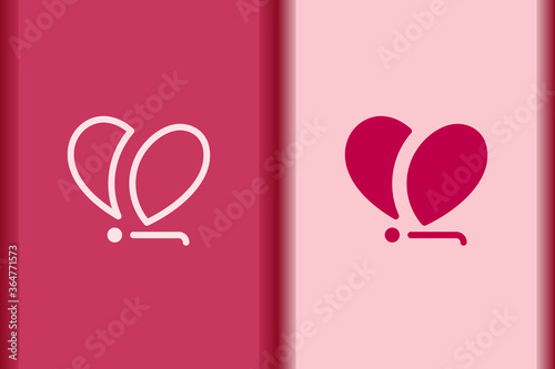 Vector heart, love icon minimal flat simple butterfly or dragonfly heart concept symbols. curve line and object shape creative logo design isolated on background.