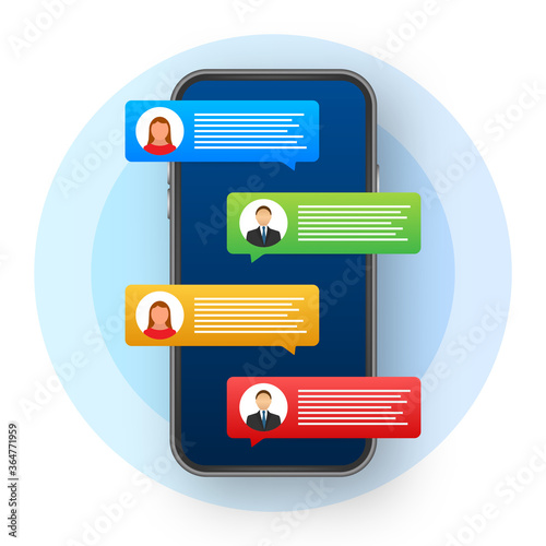 Messaging concept. Hand holding smartphone with chatting people. Chat text bubbles on phone screen.
