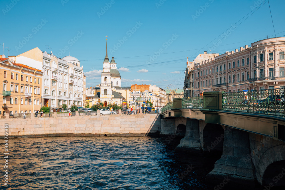 Belinsky Bridge and Simeon and Anna Church with Fontanka River in Saint Petersburg, Russia
