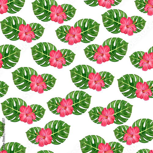 Seamless watercolor pattern isolated on white background. A beautiful bouquet of tropical hibiscus flowers and monstera leaves.