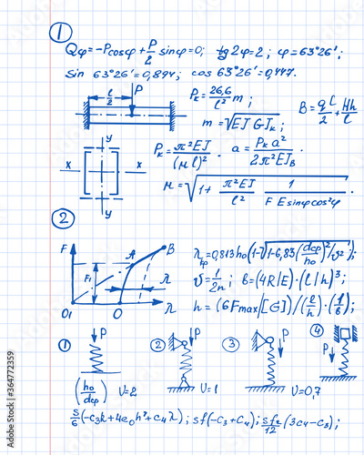 Vector background with physics formulas and equations on notebook page. School notation.
