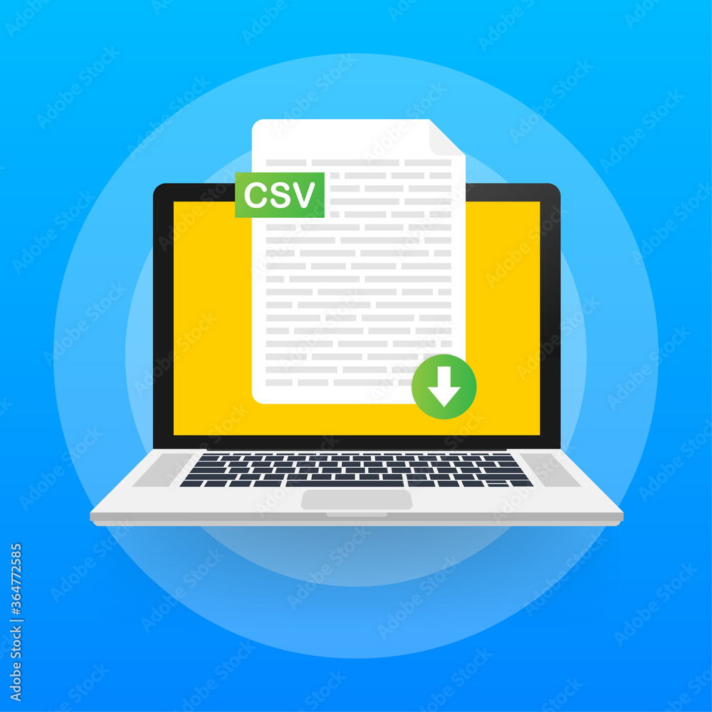 Download CSV button on laptop screen. Downloading document concept. File with CSV label and down arrow sign. Vector illustration. Download CSV button on laptop screen. Downloading document concept. File with CSV label and down arrow sign. Vector illustration.