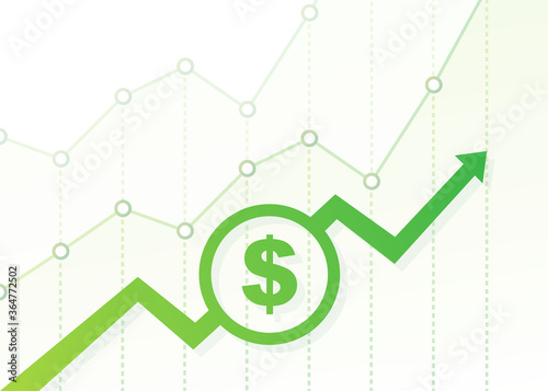 Profit money or budget. Cash and rising graph arrow up, concept of business success. Capital earnings, benefit. Vector stock illustration.