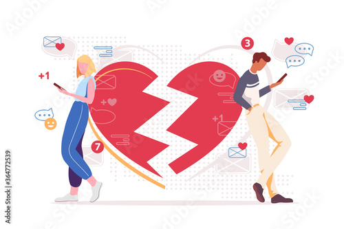 Couple social media addiction illustration. Networking destroys relationship concept. Two people chatting and ignoring each other. Online communication problem. Distance in family due to gadgets