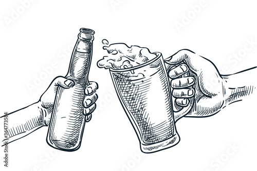Human hand cheers with beer glass and bottle. Vector hand drawn sketch illustration. Octoberfest beer festival