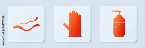 Set Medical rubber gloves, Ebola virus disease and Bottle of liquid antibacterial soap. White square button. Vector.