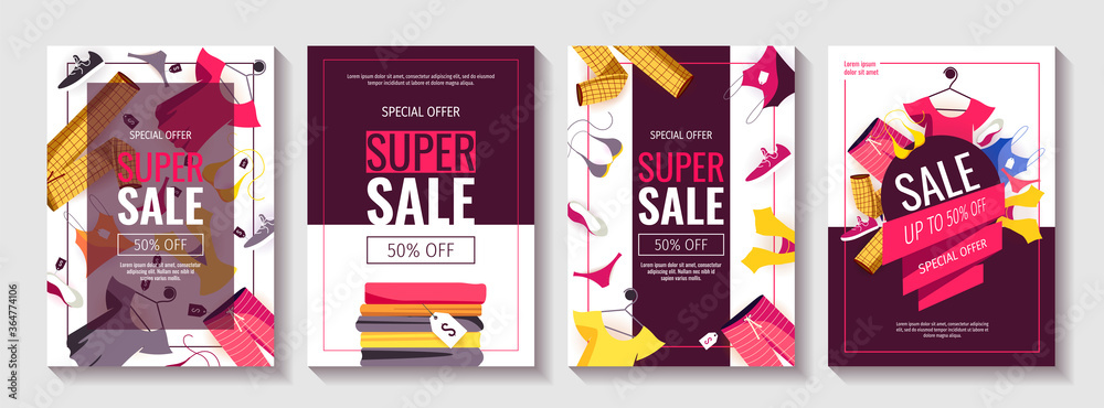Set of flyers with items of clothing. Shopping, Clothing store, Supermarket, Order online, Sale, Black friday concept. A4 vector illustration for poster, banner, flyer, advertising, promo, commercial. Set of flyers with items of clothing. Shopping, Clothing store, Supermarket, Order online, Sale, Black friday concept. A4 vector illustration for poster, banner, flyer, advertising, promo, commercial.