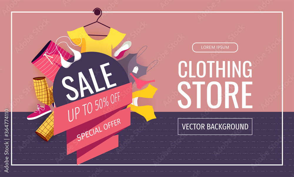 Flyer design with items of clothing. Shopping, Clothing store