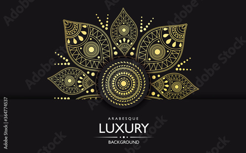 Ornate gold Luxury mandala with intricate pattern over a black background with text, colored vector illustration
