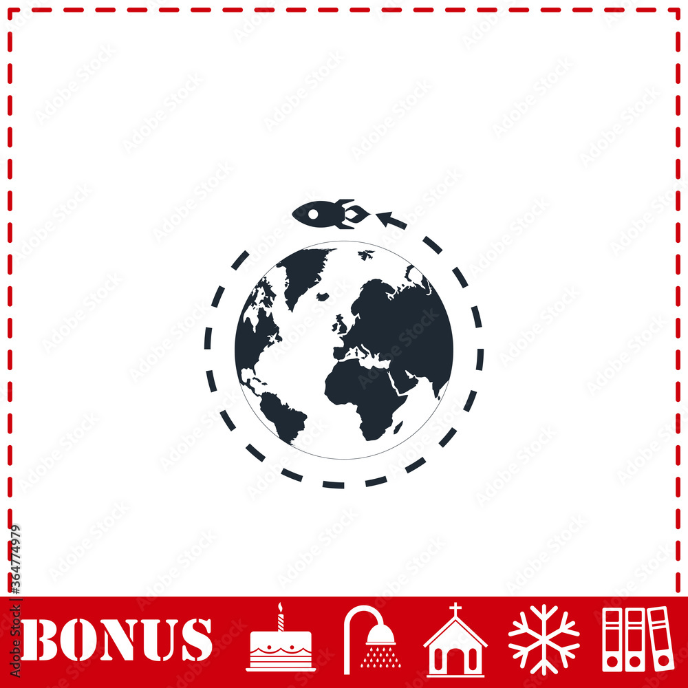 Obraz premium Planet with rocket icon flat