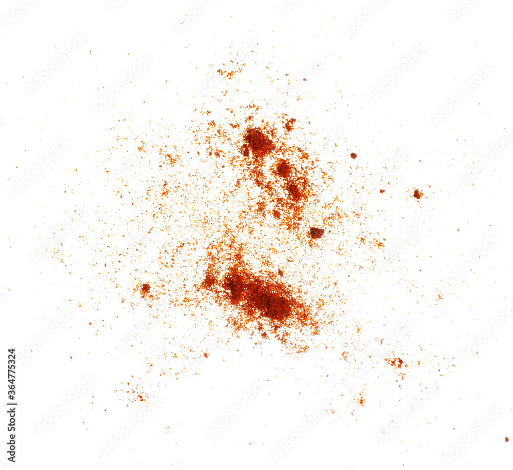 Powdered red paprika on white background isolation, top view