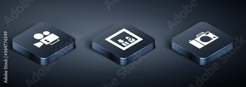 Set Isometric Cinema camera, Photo and Family photo icon. Vector.