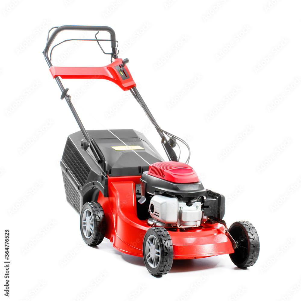 Red Lawn Mower Isolated on White Background. Gas Lawnmower. Red Grass-Cutter. Garden Equipment. Garden Power Tools - obrazy, fototapety, plakaty 