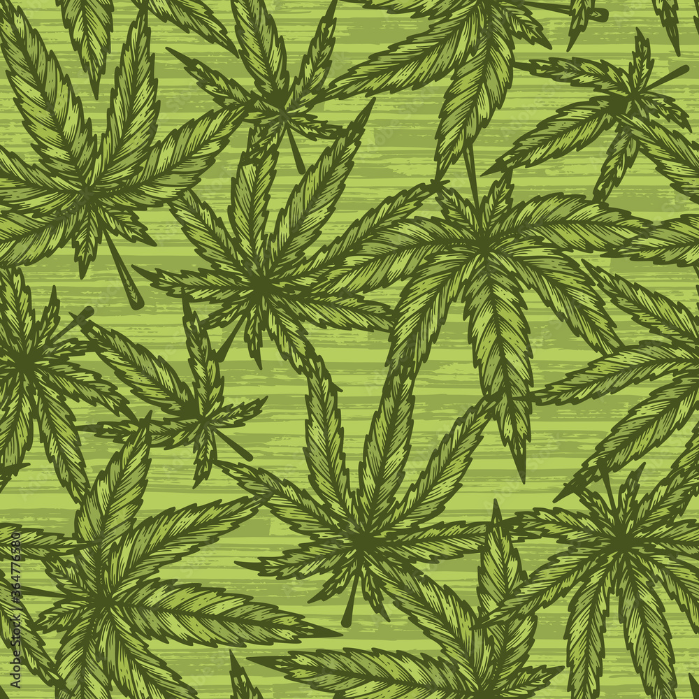Vector Medicinal plants. Cannabis Leaf Background. Marijuana Leaves Seamless pattern. Hand drawn Hemp Leaf Sketch