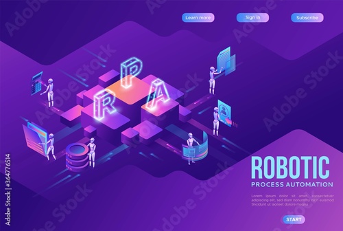 Robotic process automation landing page template with robots working with data, arms moving files, extracting information from websites, digital technology service, 3d isometric vector illustration