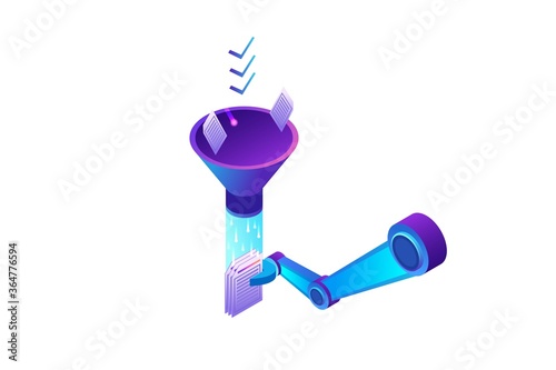 Structured data extraction, robotic arm analyze diagram, kpi analytics, digital technology in finance, funnel, artificial intelligence concept, big research isometric illustration, 3d background