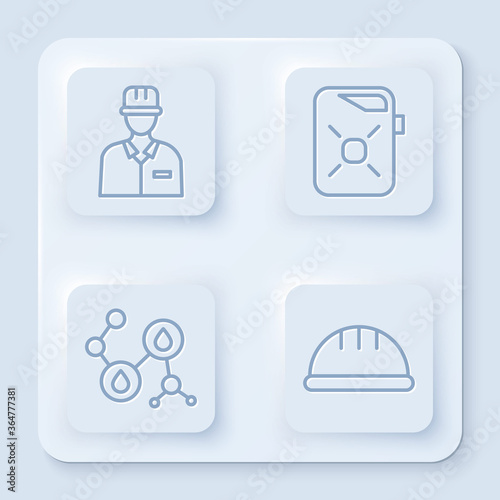 Set line Oilman, Canister for motor oil, Molecule oil and Worker safety helmet. White square button. Vector.