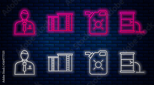 Set line Oil industrial factory building, Canister for motor oil, Businessman or stock market trader and Barrel oil leak. Glowing neon icon on brick wall. Vector.