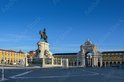 Commerce square (Praca do Comercio) with Rua Augusta Arch and statue of King Jose I in Lisbon, Portugal