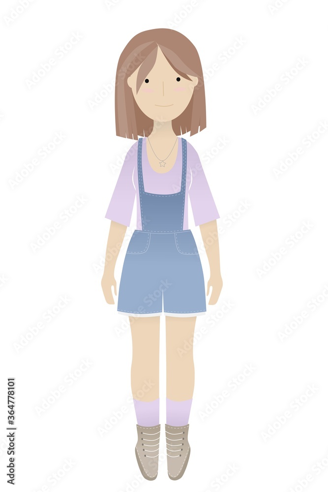 Vector flat colourful image of smiling young girl, teenager character, short hair, violet shirt, blue denim overall, brown boots, standing straight, isolated on white background Vector flat colourful image of smiling young girl, teenager character, short hair, violet shirt, blue denim overall, brown boots, standing straight, isolated on white background