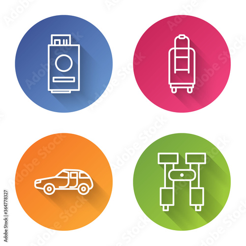 Set line Passport with ticket, Suitcase, Car and Binoculars. Color circle button. Vector.