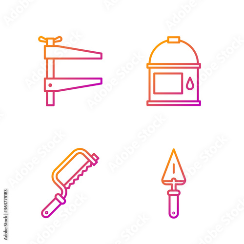 Set line Trowel, Hacksaw, Clamp tool and Paint bucket. Gradient color icons. Vector.