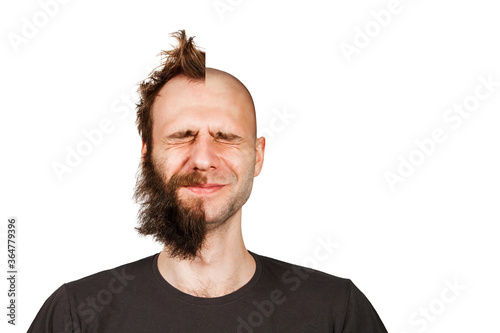 Man with half shaved hair head. Guy before and after transplant and alopecia. Isolated on white photo