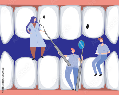 Big teeth with caries or pulpitis and little doctors as an endpoint of a dental clinic, flat vector stock illustration with molars, incisors and dentists