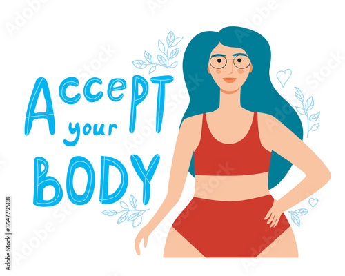 Plus size girl in a red swimsuit and lettering accept my body as a body positive concept, flat vector stock illustration with a young woman isolated on white background
