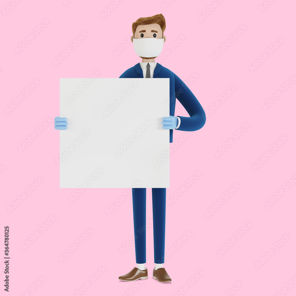 Cartoon character in mask with a poster. 3D illustration Cartoon character in mask with a poster. 3D illustration