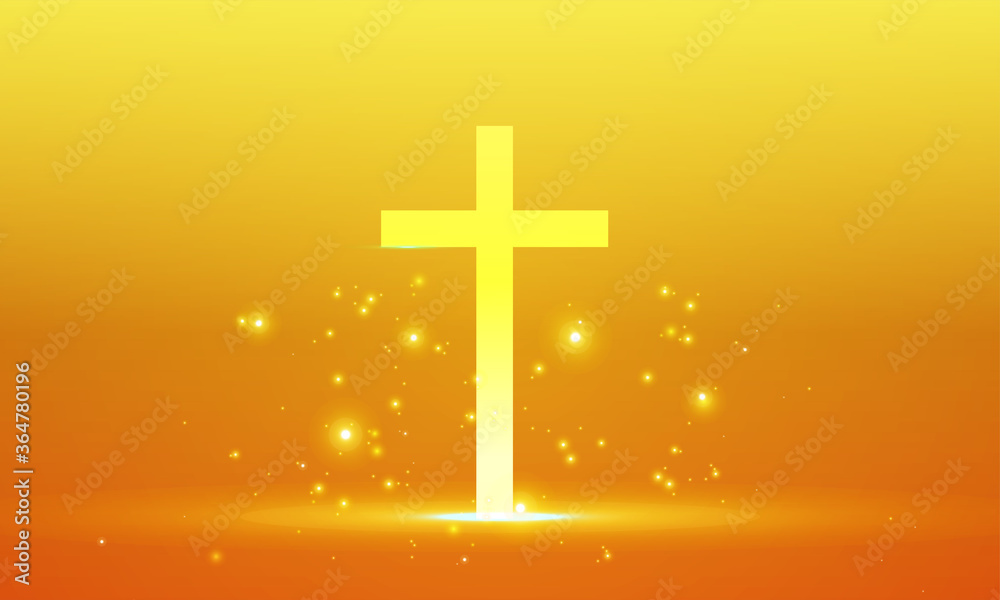 Shining cross, Riligious symbol, Glowing Saint cross. Religion cross bright vector illustration background. Yellow bright and shinny holy. Classic beautiful template for card, greeting, invitation.