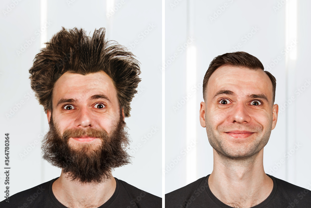 Shaggy bearded young guy with long hair before and after haircut in barbershop. Shaggy bearded young guy with long hair before and after haircut in barbershop.