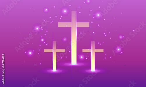 Shining cross, Riligious symbol, Glowing Saint cross. Religion cross bright vector illustration background. Three cross in the bright. Religion classic template for invitation, greeting, card, poster.