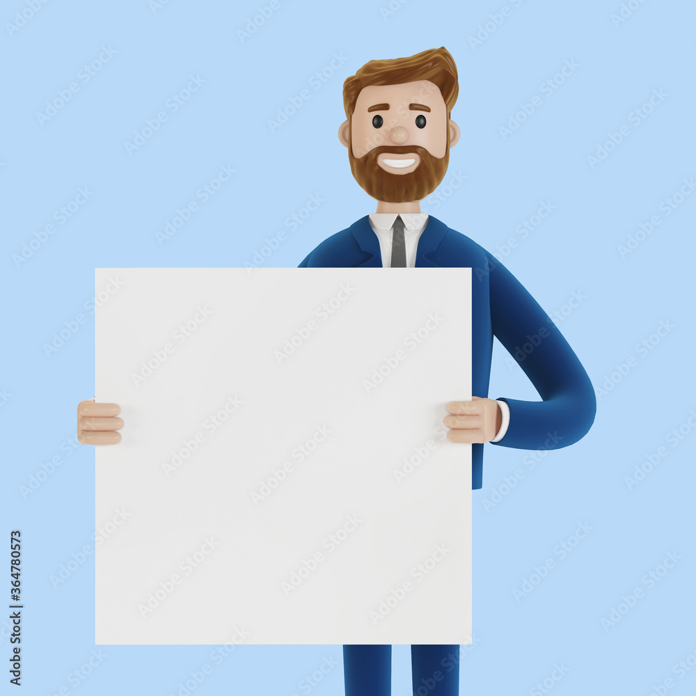 Cartoon character with a poster in his hands. 3D illustration