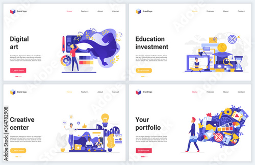 Creative art agency, education design vector illustrations. Cartoon flat modern trendy website interface banner set with digital designer art studio, creativity and investment in artwork idea concept