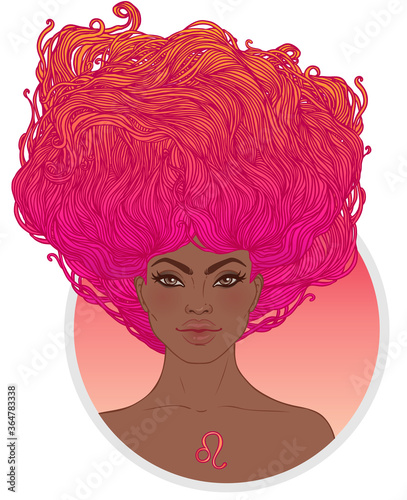 Illustration of Leo astrological sign as a beautiful African American girl. Zodiac vector illustration isolated on white. Future telling, horoscope, alchemy, spirituality, fashion black woman.