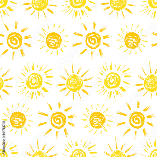 Sun Paint Brush Strokes Vector Seamless pattern. Hand drawn Grunge Yellow Suns Background 