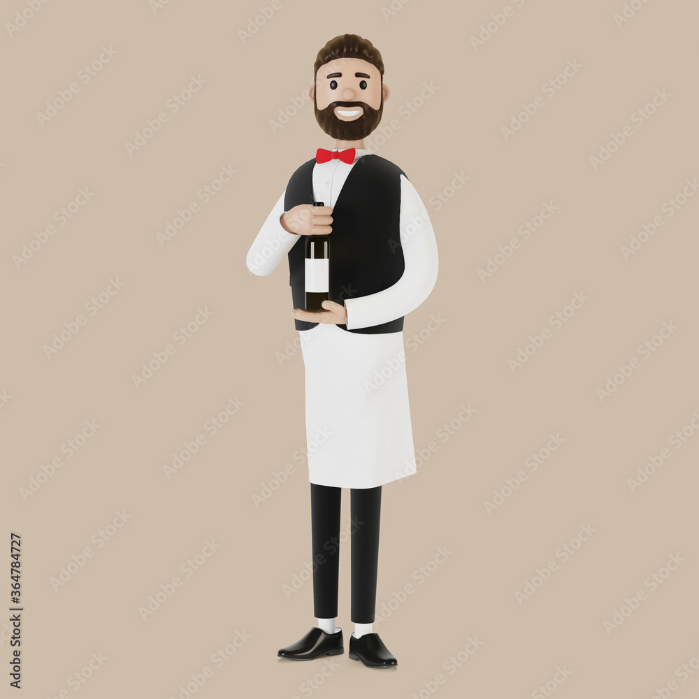 Cartoon character of a waiter with a bottle of wine. 3D illustration. Cartoon character of a waiter with a bottle of wine. 3D illustration.