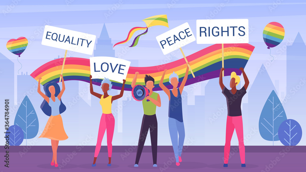 LGBT pride, march parade vector illustration. Cartoon flat crowd of ...