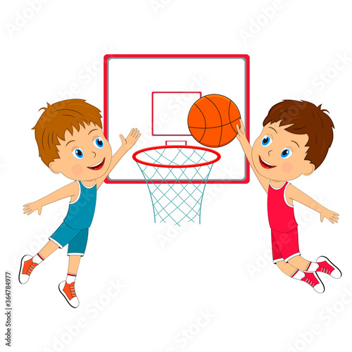 kids, two boys playing basketball on the white background,illustration, vector