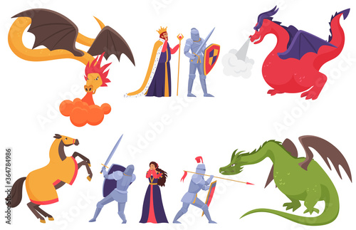 Medieval knight and dragon vector illustration set. Cartoon flat fairytale prince knight character fighting with fire breathing fantasy monster dragon, knighthood in fairy tale story isolated on white
