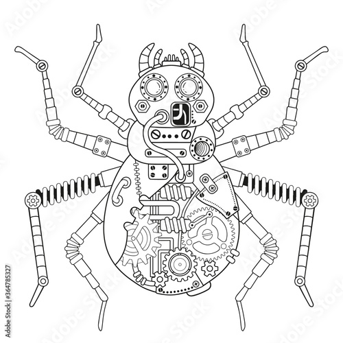 Steampunk vector coloring page. Vector coloring book for adult for relax and medetation. Art design of a fictional mechanical spider