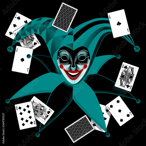 Joker head in retro style with playing cards on the black background