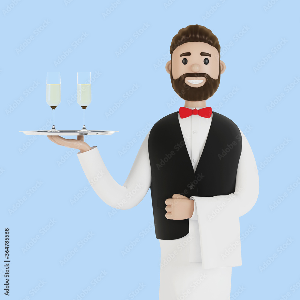 Cartoon waiter with champagne on a tray. 3D illustration. Cartoon waiter with champagne on a tray. 3D illustration.