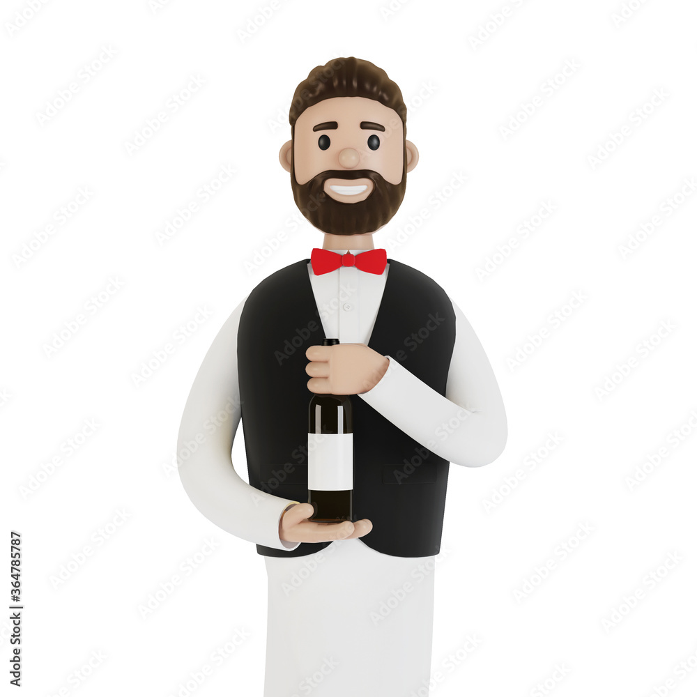 Cartoon character of a waiter with a bottle of wine. 3D illustration. Cartoon character of a waiter with a bottle of wine. 3D illustration.